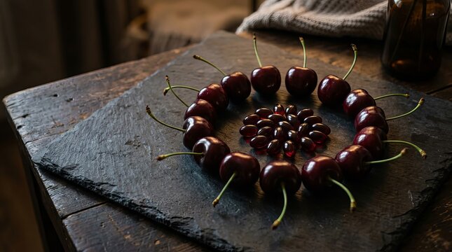 Dark cherries and red health capsules arranged on slate surface indoors