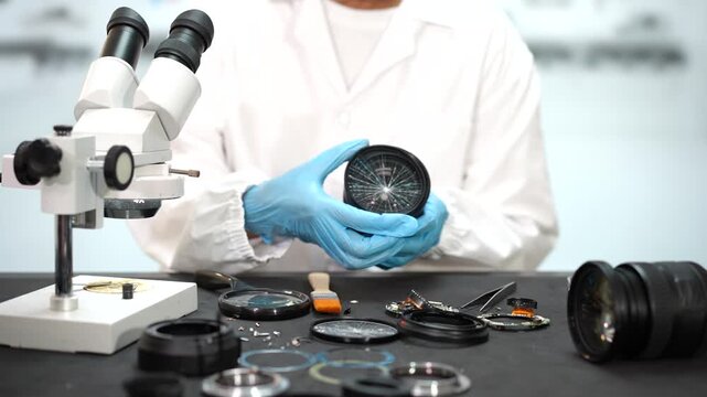 Technician in a white lab coat and blue gloves examines a camera lens element beside a microscope, with optical parts and tools on a workbench.
