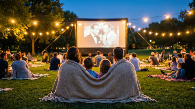 Families watching outdoor movie together on blankets at evening community event for entertainment and summer leisure