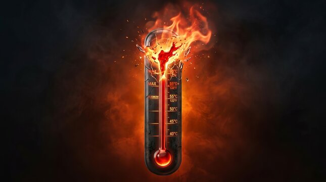 Extreme heat thermometer exploding with fire and glowing red liquid