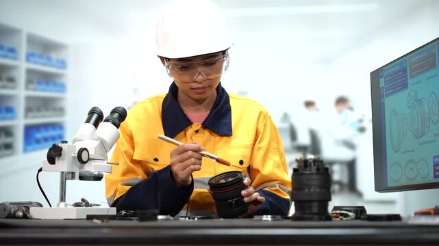 Female technician in safety glasses and hard hat cleans a camera lens with a brush at an optical equipment workbench in a bright laboratory.