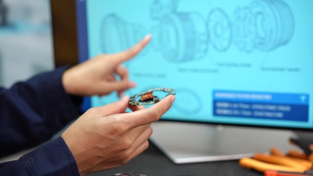 Close-up of an engineer holding a machine part and pointing at a computer screen with a technical design drawing in a modern workshop.