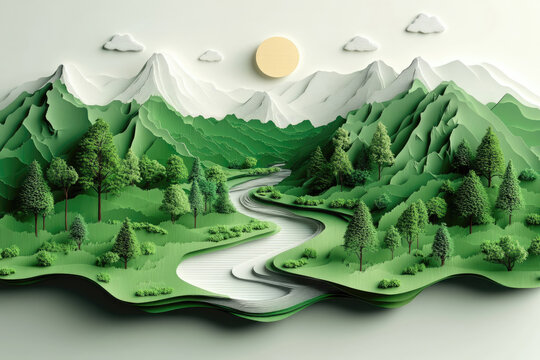 Paper Cut Island Landscape with Forest and River Flow