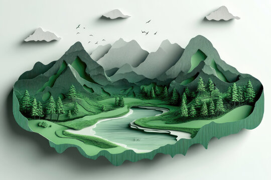 Layered Nature Map Featuring River and Green Peaks