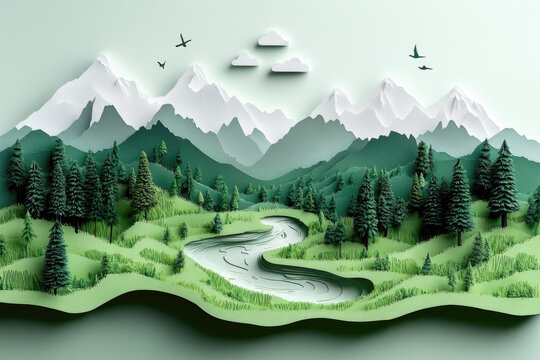 Layered Nature Map Featuring River and Green Peaks