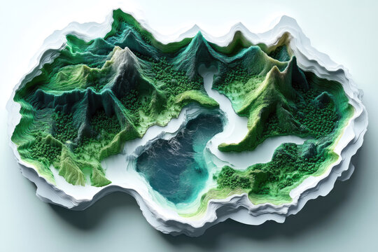 Highly Detailed Green Island Map with Paper Cut Style
