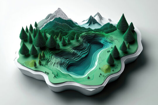 Paper Cut Island Landscape with Forest and River Flow