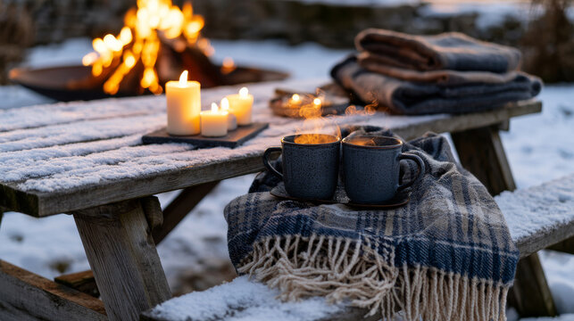 A refined view of snow-covered wooden picnic table beside a crackling fire with steaming mugs, candles and folded blankets, warm golden light contrasting cool winter tones