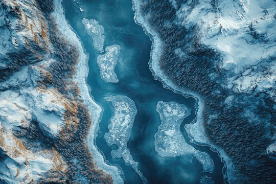 Snow-Capped Mountains Surrounding a Frozen Textured River