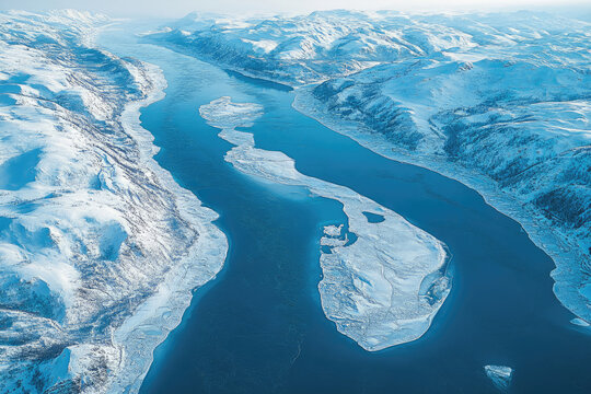 Intricate Frozen River Winding Through Snowy Mountain Landscape
