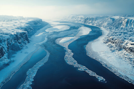 High Altitude Winter Scene with Ice-Covered River