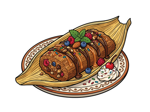 Sweet chocolate dessert tamale with fresh berries and whipped cream topping