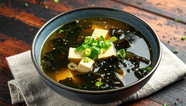 Traditional miso soup with tofu seaweed and green onions