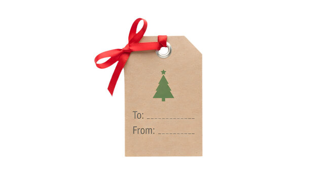 Christmas gift tag made of brown kraft paper with a green tree icon and red ribbon bow, isolated on transparent background