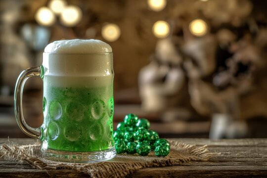 A frothy green beer in a dimpled glass mug sits on a rustic wooden surface with a blurred festive background and green bead necklace beside it.