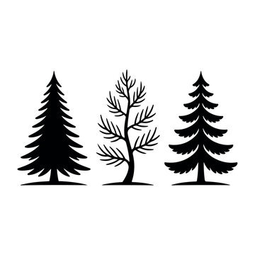 Pine tree and bare winter tree black silhouettes collection. Minimalist pine, spruce, and leafless tree vector silhouettes. Black tree silhouettes set including evergreen pine and deciduous tree. 