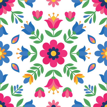 Colorful Folk Art Floral Seamless Pattern with Vibrant Flowers and Leaves. Traditional Slavic Folk Floral Seamless Pattern for Textile and Packaging. Vibrant Geometric Floral Seamless Tile with Tulips