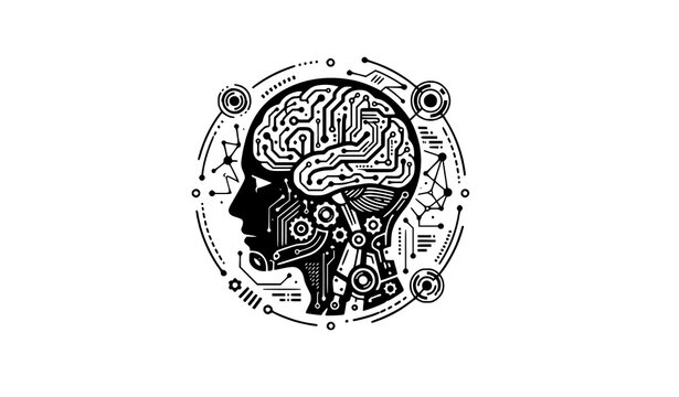 Abstract human head silhouette with digital circuit brain lines