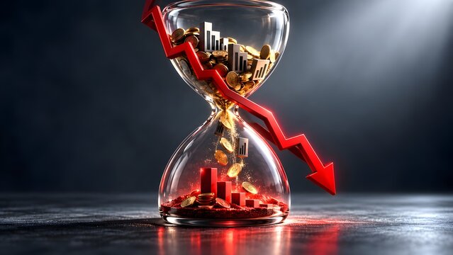 Financial crisis concept with downward red arrow and hourglass containing falling gold coins symbolizing economic loss