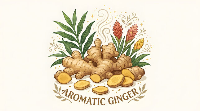 Aromatic fresh ginger root illustration with sliced pieces, lush green leaves, and vibrant red flowers on a neutral background for kitchen decor