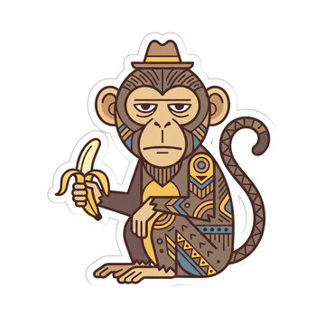 Cartoon Monkey Sticker Holding Banana with Tribal Geometric Pattern