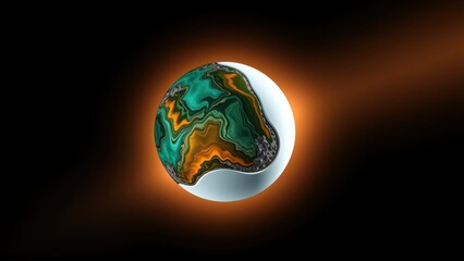 Fototapeta premium Abstract sphere, vibrant colors, dark background. Swirling patterns suggest marble or planet surface. Bright glow surrounds object.
