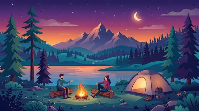 Charming campsite illustration with a couple sitting by the campfire under a starry night sky near a serene mountain lake