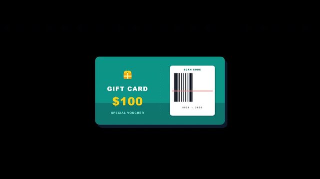 A clean teal flat gift card voucher a barcode, dashed divider line, and subtle floating motion against a transparent background