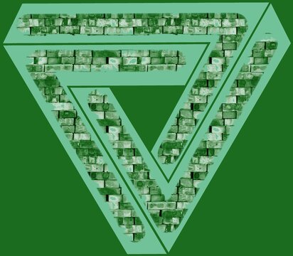 Green impossible Penrose triangle with brick texture background