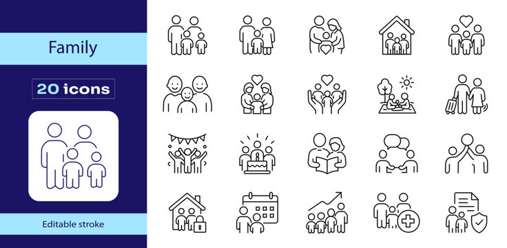 Modern family line icons collection, 20 editable stroke vector symbols featuring parents and children, household relationship and domestic life graphics, family insurance and home protection.
