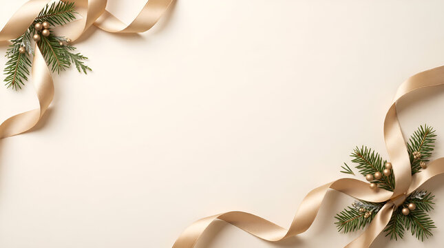 Elegant Christmas background with champagne satin ribbon, pine branches, and central copy space