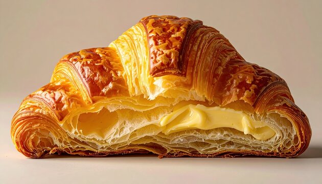 Buttery croissant showing flaky laminated layers isolated