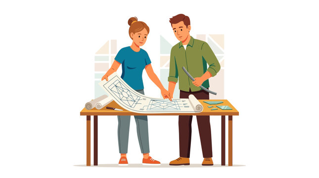 Architects Collaborating on Blueprints at a Desk, Teamwork and Design Concept