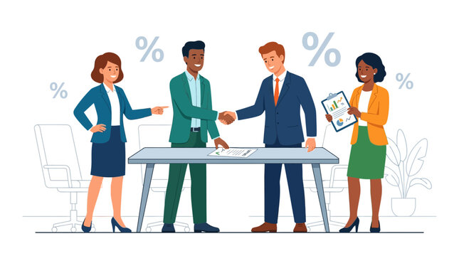 Business Deal: Diverse Team Shaking Hands Over Contract in Meeting Room with Financial Charts