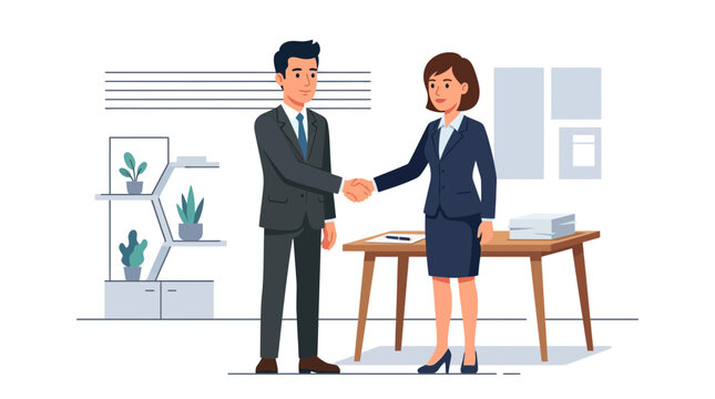 Business handshake between man and woman in office setting, vector illustration