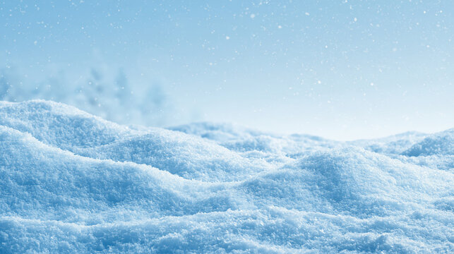 Soft powdery snowdrifts under a pale blue winter sky with gentle falling snowflakes