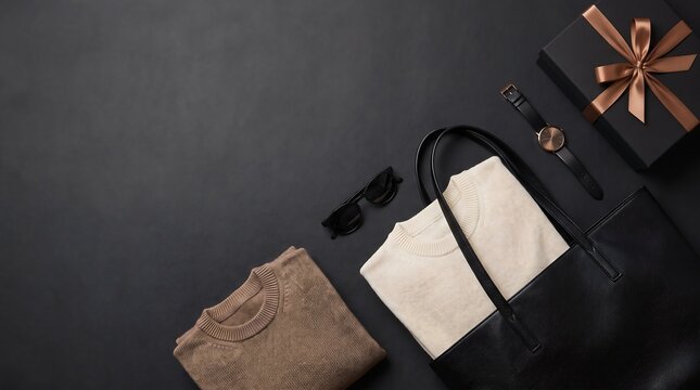 Stylish leather tote bag with folded neutral sweaters near classic watch and gift box on desk.