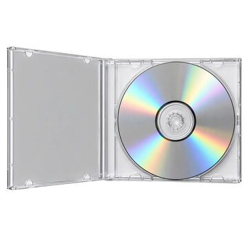 Compact disc in open plastic jewel case isolated on transparent background PNG cutout