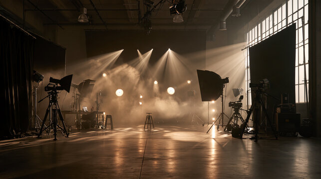 Empty film studio set with dramatic stage lighting, cameras and haze for video production