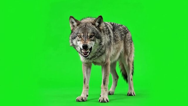 Wild gray timber wolf standing in place and snarling aggressively on chroma key green screen background
