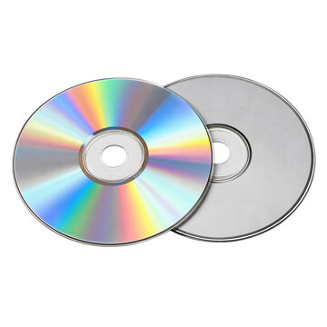 Two compact discs with iridescent surface isolated on transparent background PNG cutout