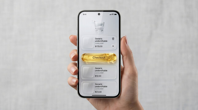Digital commerce transaction interface featuring a golden checkout button displayed on a modern smartphone held by a hand against a gray wall.