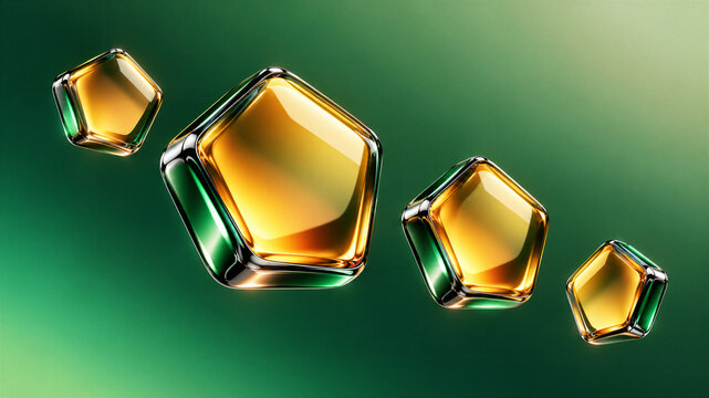 Floating Golden Pentagonal Lenses with Green and Chrome Reflections