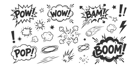 Set of hand drawn comic book speech bubbles and explosion sound effects for graphic design © md