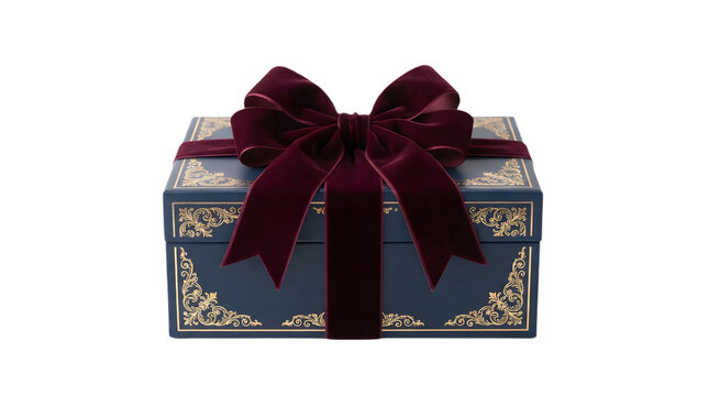 Elegant dark blue gift box with gold ornate borders and a large velvet bow isolated on transparent background
