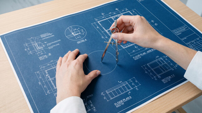 Drafting intricate architectural floor plans with a precision metal compass tool on a traditional blue paper layout for professional construction.