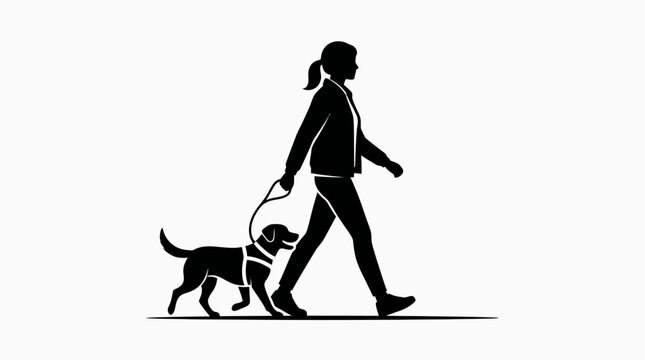 Dog walker strolls with pet outdoors.