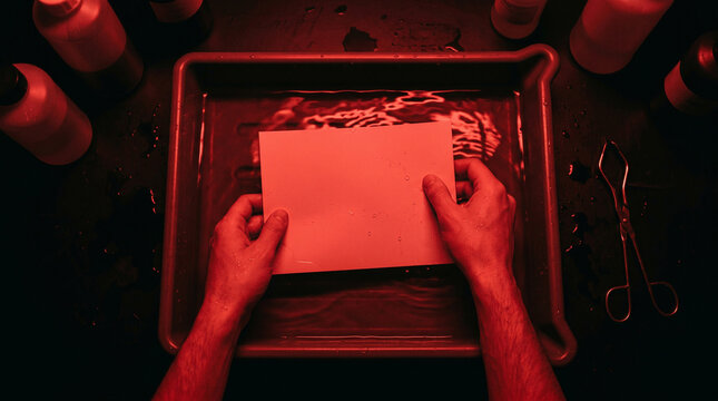 Developing photographic paper under deep red safelight in a traditional darkroom tray with precise chemical manipulation and artisan focus.