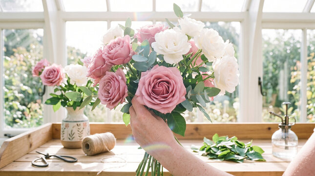 Arranging a delicate floral composition with velvet pink rose petals inside a sunlit vintage greenhouse studio on a rustic wooden table.
