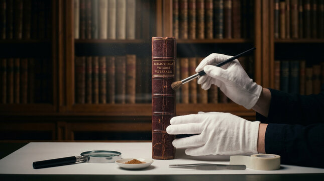 Historical preservation of a rare antique book spine involving careful dusting with professional archival tools under focused studio lighting.